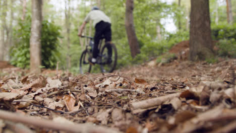 Hombre-En-Bicicleta-De-Montaña-En-Bicicleta-A-Lo-Largo-Del-Sendero-A-Través-Del-Campo-Y-El-Bosque-Con-Hojas-En-Primer-Plano