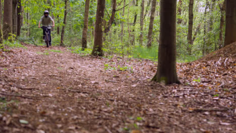 Slow-Motion-Shot-Of-Man-On-Mountain-Bike-Cycling-Along-Trail-Through-Woodland