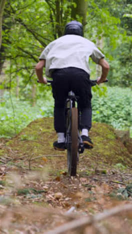 Toma-De-Video-Vertical-De-Un-Hombre-En-Bicicleta-De-Montaña-Haciendo-Un-Salto-En-El-Aire-En-Un-Sendero-A-Través-Del-Bosque