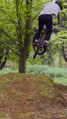 Video-Vertical-De-Un-Hombre-En-Bicicleta-De-Montaña-Haciendo-Un-Salto-En-El-Aire-En-Un-Sendero-De-Tierra-A-Través-Del-Bosque