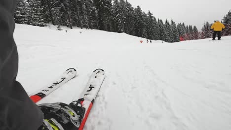Tiefwinkel-POV-Aufnahme-Eines-Skifahrers,-Der-Einen-Nebligen,-Schneebedeckten-Hang-Hinunterfährt