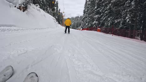 POV-Aufnahme-Eines-Skifahrers,-Der-Die-Schneebedeckte-Piste-Hinunterfährt-2