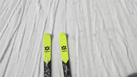 POV-Skier-Skis-Feet-Boots-Close-Up-Snow-Mountain-Slope-Solden-Austria