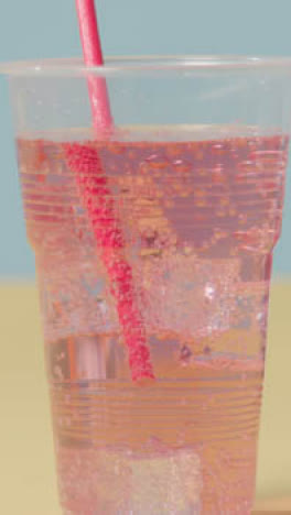 Vertical-Video-Summer-Holiday-Concept-With-Cold-Drink-With-Ice-On-Yellow-And-Blue-Background-2