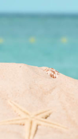 Vertical-Summer-Holiday-Concept-With-Shells-Starfish-On-Sandy-Beach-In-Foreground-Against-Sea