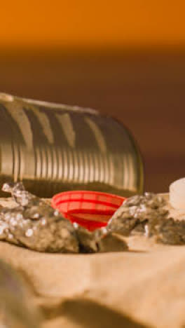 Vertical-Video-Pollution-Concept-With-Bottles-And-Rubbish-On-Beach-Against-Sea-And-Sunset-Sky-Background