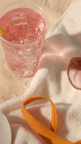 Vertical-Video-Summer-Holiday-Concept-Of-Flip-Flops-Cold-Drink-And-Sunglasses-On-Sand-Background