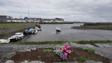 Irland-Galway-Bucht-Boote-Bei-Ebbe-Mit-Blume-Durch-Gehweg