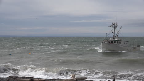Kanada-Bay-Of-Fundy-Boat-Bewegt-Sich-Entlang-Der-Küste