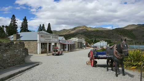 Nueva-Zelanda-Antiguo-Cromwell-En-Sol-Con-Estatua-De-Caballo