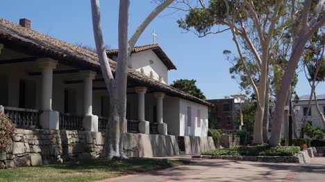 California-San-Luis-Obispo-Mission-Colonnade-With-Eucalyptus