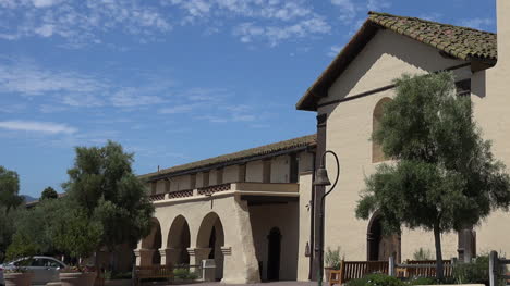 California-Solvang-Mission-Santa-Ines-Front-Of-Mission-In-Sun-Pans