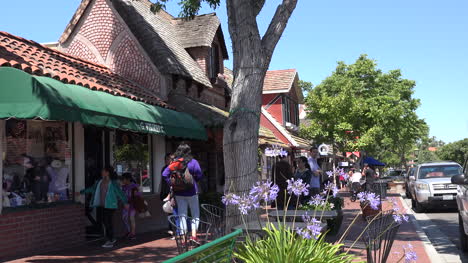 California-Solwang-Bürgersteig-Und-Blumen-Mit-Fußgängern