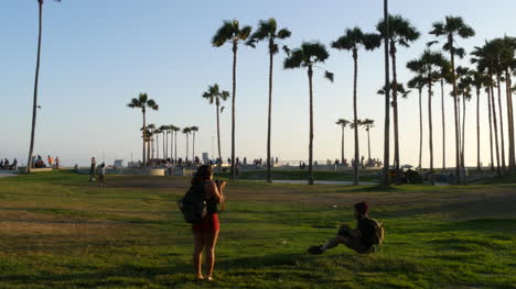 Los-Angeles-Venecia-Beach-Park-Mujer-Fotografías-Skater-Sobre-Hierba