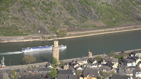 Germany-Oberwesel-River-Cruise-Ship-Passing-Round-Tower