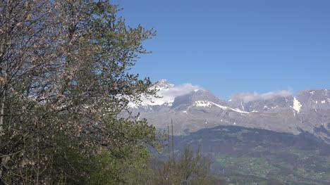 Frankreich-Frühlingsblätter-Und-Alpengipfel-Aravis-Range-Zoomt-Rein