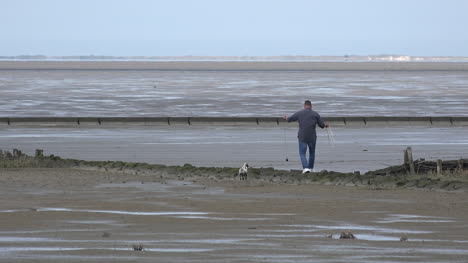 Alemania-Hombre-Lanza-Pelota-Para-Perro-Durante-La-Marea-Baja-En-El-Mar-De-Wadden