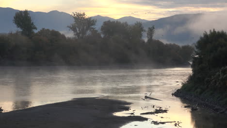 Idaho-Nebel-Steigt-Im-Morgengrauen-Auf-Einem-Fluss-Mit-Vögeln