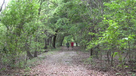 Louisiana-woman-and-boy-walk-down-woodland-path-zoom-in