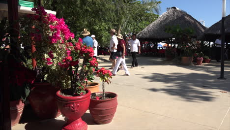 Mexiko-Huatulco-Menschen-Gehen-An-Blumen-Vorbei