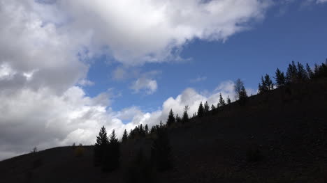 Montana-Nubes-Hinchadas-Sobre-Pinos-Con-Cielo-Azul