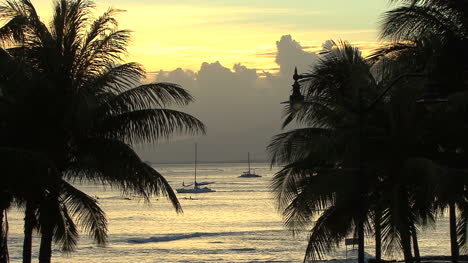 Waikiki-Boote-Und-Palmen-Bei-Sonnenuntergang