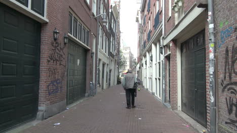 Netherlands-Amsterdam-man-walks-past-doors-and-graffiti-in-alley-2