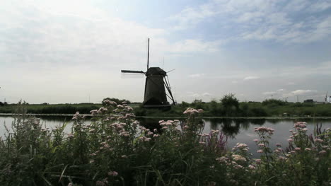 Netherlands-Kinderdijk-windmill-behind-flowers-and-still-water-1