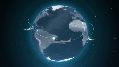 Dreidimensionale-Ansicht-Der-Erde,-Die-Sich-Mit-Flugzeugen-Dreht,-Die-Auf-Einem-Dunklen-Hintergrund-Mit-Sternen-Herumfliegen