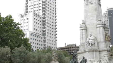 Tilt-up-shot-of-don-Quixote's-and-Cervantes-monument-on-Plaza-España-Madrid