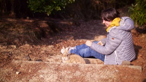 Idyllic-feeding-session-with-wild-bunnies-and-a-women