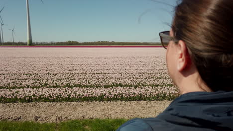 Close-up-and-dolly-in-shot-of-a-woman-standing-and-enjoying-the-view-near-the-white-tulip-fields-in-the-Netherlands