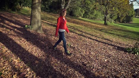 Attractive-teenage-girl-walking-in-autumn-leaves-scenery