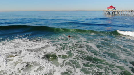 DJI-Aerial-drone-follows---flies-over-surfer-Zander-Adelsohn-in-yellow-wetsuit-as-he-paddles-out-in-morning-waves-at-Huntington-Beach-pier-in-Pacific-Ocean,-4k