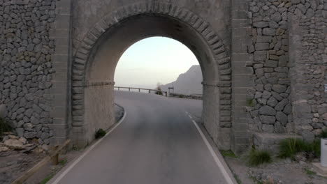 Aerial-Shot-of-the-Spiral-bridge-on-the-road-to-Sa-Calobra,-Mallorca