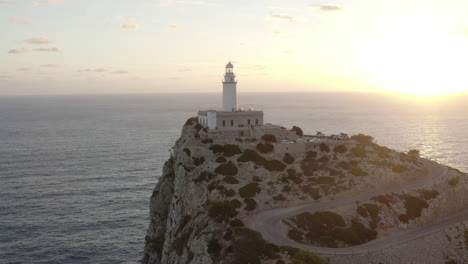 Sunrise-Drone-Shot-over-the-Lighthouse-of-Cap-Formentor,-Mallorca-1