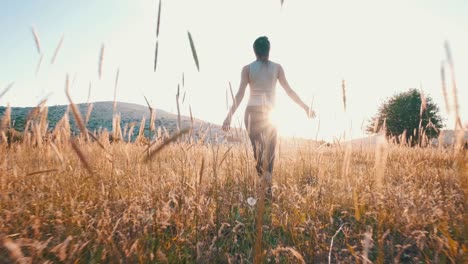 Frau,-Die-Während-Des-Sonnenuntergangs-Durch-Wilden-Weizen-Auf-Einer-Wiese-Geht