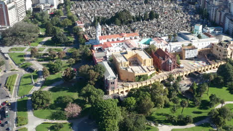 AERIAL---Recoleta-and-its-Cemetery,-Buenos-Aires,-Argentina,-wide-circle-shot