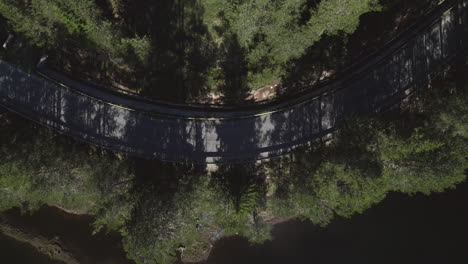 Un-Estrecho-Camino-De-Montaña-Cerca-De-Un-Lago-De-Montaña,-Un-Denso-Bosque-De-Pinos-Lo-Rodea