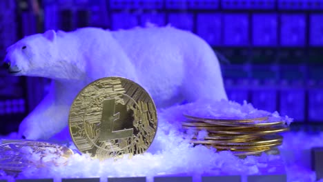 Snow-fall-on-Gold-Litecoin-and-Polar-bear,-crash-digital-market-crypto-winter-concept