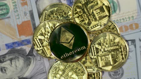 Cryptocurrency-Ethereum-real-coin-lying-on-cash-DOLLAR-BILLS,-ETH-vs-USD,-FLASH-LIGHT