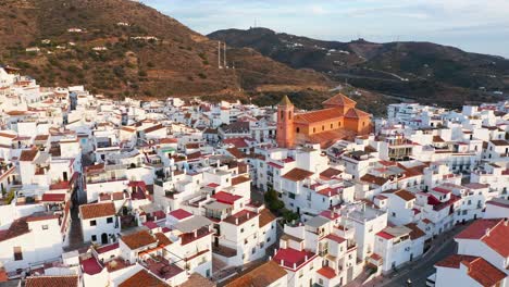 Aerial-Drone-View-of-Torrox-Town-in-Mountains-in-Spain,-Costa-Del-Sol,-Andalusia-,-Europe,-Traditional-Spanish-Town-White-Houses-and-Homes-Popular-in-Property-Real-Estate-Housing-Market