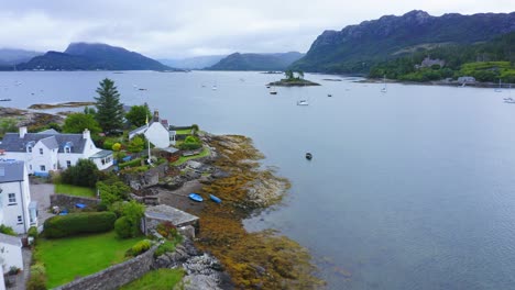 Aerial-Drone-View-of-Beautiful-Scottish-Highlands-Landscape,-Scotland,-of-Loch-Carron,-a-Lake-at-Plockton-Town-on-NC500-Route-in-UK