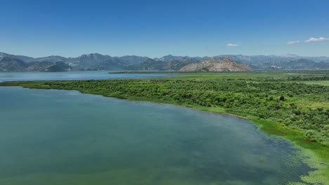 Aerial-view-around-wetlands-in-Skadar-lake-national-park,-with-mountains-in-the-background,-summer-in-Montenegro---circling,-drone-shot