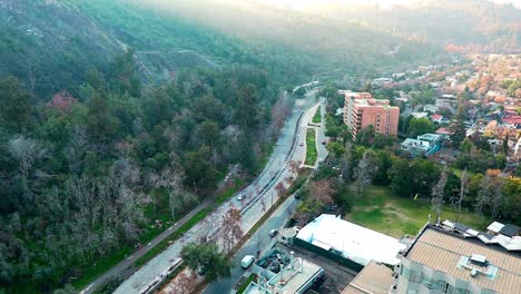 Aerial-view-cars-driving-avenue-town-green-trees-treetops-Chile-day
