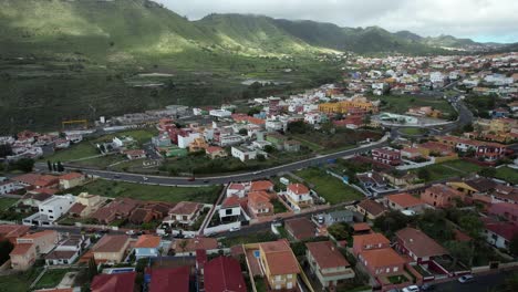 Colourful-town-in-Tenerife-captured-from-above,-drone-footage-in-4K