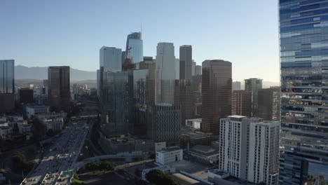 Static-aerial-drone-shot-of-downtown-Los-Angeles-on-sunny-summer-day