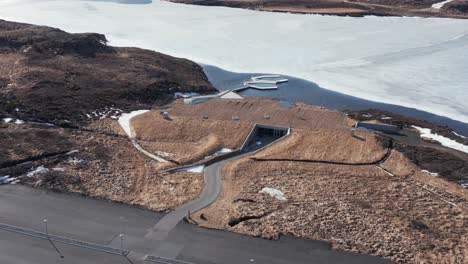 VÃ¶k-geothermal-bath-spa-wellness-in-East-Iceland,-entrance-view,-aerial