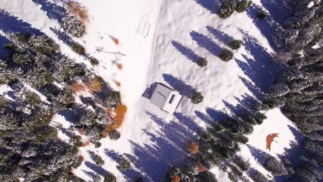 Remote-wooden-cabin-in-winter-mountain-landscape,-top-down-aerial