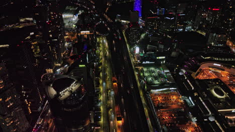 Mexico-City-Aerial-v66-drone-flyover-highway-la-marquesa-with-night-traffics,-capturing-shopping-mall-high-rise-buildings-and-towers-on-santa-fe-avenue---Shot-with-Mavic-3-Cine---January-2022